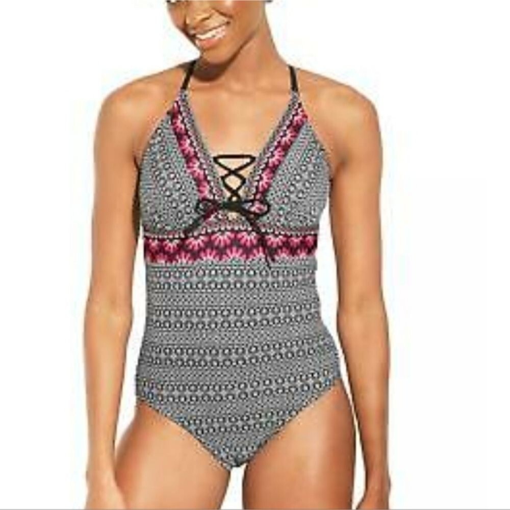 KONA Sol black floral lace up one piece swimsuit medium
